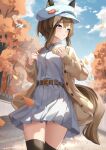  1girl absurdres animal_ears autumn baozi belt blue_eyes breasts brown_hair casual cheval_grand_(umamusume) clouds commentary_request food hair_between_eyes hat highres horse_ears horse_girl horse_tail leaf medium_breasts medium_hair sky smile solo sunny_(20597521) tail thigh-highs tree umamusume 