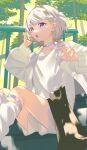  1girl :o cat choker collarbone dappled_sunlight day feet_out_of_frame forest from_side gradient_hair hair_behind_ear hand_in_own_hair highres hololive hololive_dev_is jacket long_sleeves looking_at_viewer loose_socks multicolored_hair nature open_clothes open_jacket open_mouth outdoors purple_hair railing shirt short_hair shorts sidelocks sitting sitting_on_stairs socks solo stairs sunlight todoroki_hajime tree violet_eyes virtual_youtuber white_choker white_hair white_jacket white_shirt white_shorts white_socks yamagamiamami 