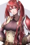  1girl armor bare_shoulders belt blush breasts delsaber detached_sleeves fingerless_gloves fire_emblem fire_emblem_awakening gloves hair_between_eyes hands_on_own_hips highres long_hair looking_at_viewer red_eyes redhead serious severa_(fire_emblem) shoulder_armor simple_background solo twintails upper_body very_long_hair 