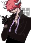  cigarette earrings gloves hair_over_eyes horns jewelry male_focus one_piece pink_hair shirt simple_background solo white_background who&#039;s_who_(one_piece) 