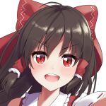  1girl ambasa blush bow brown_hair commentary_request frilled_hair_tubes frills hair_bow hair_tubes hakurei_reimu long_hair looking_at_viewer open_mouth red_bow red_eyes ribbon-trimmed_sleeves ribbon_trim solo touhou 