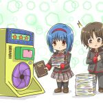  1boy 1girl blue_hair blush book bow brown_eyes brown_hair crossover doraemon hairband highres little_busters! little_busters!_school_uniform marihei64ds naoe_riki nishizono_mio pink_bow plaid school_uniform short_hair skirt thigh-highs 