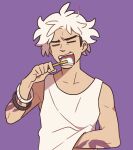 1boy arm_tattoo bare_arms bare_shoulders black_hair brushing_teeth closed_eyes collarbone guzma_(pokemon) multicolored_hair open_mouth pokemon pokemon_sm purple_background short_hair solo ssalbulre tank_top tattoo thick_eyebrows two-tone_hair very_short_hair white_hair 