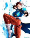  1girl absurdres blue_background boots bracelet breasts brown_eyes brown_hair brown_pantyhose bun_cover china_dress chinese_clothes chun-li double_bun dress earrings fighting_stance gradient_background hair_bun highres jewelry large_breasts lips pantyhose pelvic_curtain saburo_des sash short_hair solo spiked_bracelet spikes street_fighter street_fighter_ii_(series) twitter_username 