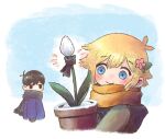  2boys alternate_costume basil_(faraway)_(omori) basil_(omori) black_eyes black_hair black_scarf blonde_hair blue_eyes blush closed_mouth coat flower flower_pot hair_flower hair_ornament holding holding_flower_pot looking_at_another multiple_boys omori orange_scarf plant potted_plant scarf smile snow sun_iiinu sunny_(omori) 