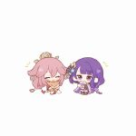  2girls animal_ears blunt_bangs braid chibi closed_eyes closed_mouth cup earrings genshin_impact hair_between_eyes hair_ornament highres holding holding_cup japanese_clothes jewelry long_hair mole mole_under_eye multiple_girls open_mouth pink_hair purple_hair raiden_shogun simple_background single_braid standing standing_on_one_leg stuffed_animal stuffed_toy violet_eyes white_background yae_miko yuita-kun yuri 