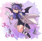  1girl bandaged_ankle bandaged_wrist bandages bat_wings black_bodysuit black_footwear blue_capelet blue_eyes blue_hair bodysuit boots capelet countdown gloves hand_gesture hashino_ami looking_at_viewer one_eye_closed pointy_ears purple_background riviera serene_(riviera) short_hair smile solo white_gloves wings 
