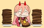  1girl blush butter chainsaw_man chibi crumbs demon_girl demon_horns eating food horns long_hair pink_hair plate power_(chainsaw_man) sailen0 sitting smile steak 