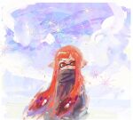  1girl covered_mouth grey_scarf highres inkling inkling_girl inkling_player_character long_hair looking_to_the_side orange_eyes orange_hair pointy_ears scarf solo splatoon_(series) tentacle_hair thenintlichen96 very_long_hair 