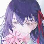  1girl close-up collared_shirt fate/stay_night fate_(series) flower hair_ribbon long_hair matou_sakura pink_flower purple_hair red_ribbon ribbon shirt smile solo violet_eyes yur1ca 