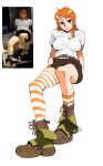  1girl absurdres alternate_costume asymmetrical_legwear belt boots breasts brown_eyes convenient_leg expressionless foreshortening full_body green_footwear head_tilt highres iago_fn large_breasts leaning_back lips looking_at_viewer nami_(one_piece) nose one_piece one_piece_(live_action) orange_hair orange_socks orange_thighhighs reference_inset shirt short_hair short_shorts short_sleeves shorts simple_background sitting socks solo striped_clothes striped_socks striped_thighhighs t-shirt thigh-highs white_background white_shirt white_socks white_thighhighs 