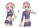  1boy 1girl :| agent_8_(splatoon) arm_behind_back black_skirt breasts closed_mouth crop_top groin hand_on_own_hip hand_up long_sleeves medium_breasts medium_hair miniskirt navel octoling octoling_boy octoling_girl octoling_player_character pencil_skirt red_eyes redhead short_hair simple_background single_bare_shoulder single_sleeve skirt splatoon_(series) splatoon_2 splatoon_2:_octo_expansion suction_cups tentacle_hair thenintlichen96 white_background yellow_eyes 