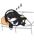  black_hair blue_archive chibi closed_eyes couch habit head_on_pillow highres hinata_(blue_archive) lying on_side outstretched_arm sleeping thigh-highs tog&#039; 