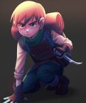  1boy absurdres backpack bag brown_footwear brown_hair chilchuck_tims closed_mouth commentary dagger dungeon_meshi english_commentary fingerless_gloves full_body gloves halfling highres holding ivlice kneeling knife male_focus short_hair solo weapon 