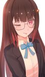  1girl :p absurdres arms_at_sides black-framed_eyewear black_jacket blazer blue_ribbon blunt_bangs blush brown_hair closed_mouth collared_shirt film_grain glasses hair_ornament hairclip hatake_(hqtake11) highres honkai:_star_rail honkai_(series) jacket long_hair looking_at_viewer neck_ribbon one_eye_closed open_clothes open_jacket pink_eyes redhead ribbon school_uniform shirt sidelocks simple_background smile solo sparkle_(honkai:_star_rail) straight_hair tongue tongue_out upper_body white_background white_shirt 