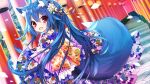  1girl :d animal_ear_fluff animal_ears blue_hair commentary_request day fang floral_print flower fox_ears fox_girl fox_tail hair_between_eyes hair_flower hair_ornament highres japanese_clothes kimono lantern long_hair long_sleeves looking_at_viewer looking_to_the_side multiple_torii original outdoors paper_lantern petals ponytail print_kimono purple_kimono saeki_touma sleeves_past_wrists smile solo tail torii very_long_hair violet_eyes white_flower wide_sleeves 