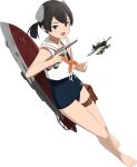  1girl aircraft airplane black_eyes black_hair blue_one-piece_swimsuit full_body gun hair_ornament handgun i-41_(kancolle) kantai_collection looking_at_viewer machinery official_art one-piece_swimsuit open_mouth ponytail sailor_collar school_swimsuit school_uniform serafuku shibafu_(glock23) shirt short_hair short_ponytail sleeveless smile solo submarine swimsuit swimsuit_under_clothes transparent_background watercraft weapon white_sailor_collar 