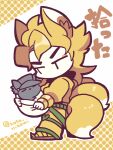  1boy aged_down animal_ears animalization blonde_hair chibi chibi_only dio_brando fox_ears fox_tail full_body holding_baby jojo_no_kimyou_na_bouken kotorai kujo_jotaro male_focus multiple_tails no_nose swaddled tail translation_request v-shaped_eyebrows 