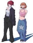  2girls absurdres baggy_pants black_jacket black_pants breast_cutout brown_hair choker denim dentedhood earrings hair_over_one_eye highres jacket jeans jewelry kirijou_mitsuru multiple_girls navel pants persona persona_3 pink_tank_top redhead simple_background takeba_yukari tank_top turtleneck white_background 