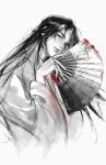  1boy absurdres blood blood_on_clothes chinese_clothes dangle_earrings earrings folding_fan greyscale hand_fan hanfu highres holding holding_fan jewelry keru233 long_hair long_sleeves looking_at_viewer monochrome open_mouth qiang_jin_jiu shen_lanzhou single_earring smile solo spot_color upper_body white_background wide_sleeves 