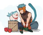  2boys animal_ears apple blue_fur blue_tail cat_boy cat_ears crate facial_mark fire_emblem fire_emblem:_path_of_radiance fire_emblem:_radiant_dawn fire_emblem_engage food fruit hand_guard highres kurimori multiple_boys ranulf_(fire_emblem) sommie_(fire_emblem) whisker_markings 