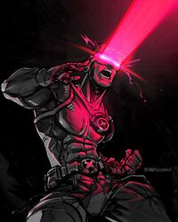  1boy artist_name bodysuit cowboy_shot cyclops_(x-men) eye_beam gloves glowing glowing_eyes highres male_focus marvel nico_bascunan short_hair simple_background solo superhero_costume teeth x-men 