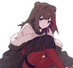  1girl animal_ear_fluff animal_ears arknights bear_ears black_jacket black_sailor_collar brown_hair closed_mouth commentary_request feet_out_of_frame fur-trimmed_jacket fur_trim grey_hair jacket long_hair long_sleeves looking_at_viewer multicolored_hair odjikasu one-hour_drawing_challenge pantyhose puffy_long_sleeves puffy_sleeves red_pantyhose redhead sailor_collar shirt simple_background sitting smile solo streaked_hair thigh_strap white_background white_shirt zima_(arknights) 