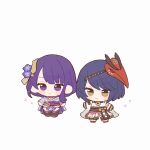  2girls black_hair blunt_bangs brown_eyes chibi closed_mouth genshin_impact hair_ornament highres japanese_clothes kujou_sara looking_at_viewer mask mask_on_head mole mole_under_eye multiple_girls purple_hair raiden_shogun short_hair simple_background standing swept_bangs violet_eyes white_background yuita-kun yuri 