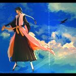  absurdres adjusting_belt belt bird black_hakama black_kimono bleach blue_sky blunt_bangs clouds day floating hair_ornament hakama hakama_skirt highres japanese_clothes jou_(jo_jjo) kimono short_hair skirt sky sleeveless_haori socks sui-feng white_haori white_socks yellow_belt 