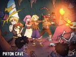  1girl 6+boys acolyte_(ragnarok_online) archer_(ragnarok_online) arrow_(projectile) bat_(animal) belt black_hair black_lunette blonde_hair blue_eyes boots bow_(weapon) brown_belt brown_footwear brown_gloves brown_jacket brown_pants brown_shirt brown_shorts capelet cave cave_interior commentary dagger english_commentary familiar_(ragnarok_online) fire full_body gloves green_eyes grin holding holding_bow_(weapon) holding_dagger holding_knife holding_sword holding_weapon in-universe_location jacket knife location_name long_sleeves looking_at_another medium_bangs multiple_boys muneate mushroom one_eye_closed open_mouth pants pink_eyes pink_hair purple_shorts ragnarok_online redhead shirt shoes short_hair shorts shrug_(clothing) skeleton skeleton_(ragnarok_online) skirt smile stalactite standing sword swordsman_(ragnarok_online) thief_(ragnarok_online) undead v-shaped_eyebrows weapon white_capelet white_skirt zombie zombie_(ragnarok_online) 