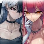  2girls aru_(blue_archive) aru_(dress)_(blue_archive) black_hair blue_archive blush breasts choker collarbone commentary_request earrings finger_to_cheek gloves hair_between_eyes highres jewelry kayoko_(blue_archive) kayoko_(dress)_(blue_archive) large_breasts long_hair looking_at_viewer mole mole_on_neck multiple_earrings multiple_girls necklace official_alternate_costume open_mouth red_eyes redhead shiny_skin small_breasts smile upper_body walzrj white_hair 