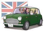  4girls assam_(girls_und_panzer) black_necktie blonde_hair blue_eyes blue_sweater braid car closed_mouth commentary darjeeling_(girls_und_panzer) dress_shirt driving flag_background frown girls_und_panzer long_sleeves looking_at_another looking_at_viewer looking_to_the_side mini_cooper motor_vehicle multiple_girls necktie open_mouth orange_hair orange_pekoe_(girls_und_panzer) parted_bangs parted_lips redhead rosehip_(girls_und_panzer) school_uniform shirt short_hair sitting smile st._gloriana&#039;s_school_uniform sweater twin_braids union_jack uona_telepin v-neck v-shaped_eyebrows vehicle_focus white_shirt wing_collar 