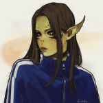  1girl alisandor baldur&#039;s_gate baldur&#039;s_gate_3 blue_track_suit brown_eyes brown_hair close-up colored_skin dungeons_and_dragons gith_(dungeons_and_dragons) green_skin highres lae&#039;zel long_hair mouth_hold pointy_ears portrait simple_background solo stalk_in_mouth straight_hair toothpick track_suit white_background zipper 