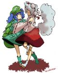  2girls animal_ears backpack bag blue_footwear blue_hair blue_skirt blush detached_sleeves green_bag green_headwear hair_bobbles hair_ornament holding_hands inubashiri_momiji kawashiro_nitori kishiinu multiple_girls pom_pom_(clothes) red_skirt skirt socks tail touhou twintails white_background white_hair 