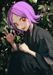  1girl absurdres black_kimono bleach bud fang highres japanese_clothes jou_(jo_jjo) kimono kusajishi_yachiru leaf looking_at_viewer open_mouth outdoors plant purple_hair red_eyes short_hair solo squatting 