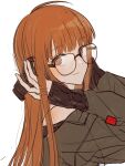  behind-the-head_headphones black-framed_eyewear coat glasses green_coat green_jacket headphones highres jacket off-shoulder_shirt off_shoulder orange_eyes orange_hair persona persona_5 persona_5_the_royal sakura_futaba shirt simple_background smile upper_body vo1ez white_background 