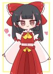  ascot black_hair bow brown_eyes collar detached_sleeves frilled_bow frilled_hair_tubes frills hair_bow hair_tubes hakama hakama_skirt hakurei_reimu highres hime_cut japanese_clothes long_hair midriff op_na_yarou red_bow red_hakama red_skirt ribbon-trimmed_sleeves ribbon_trim skirt skirt_set smile touhou v-shaped_eyebrows white_collar yellow_ascot 