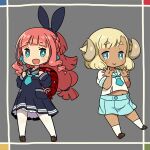  2girls anko_(himukai_yuuji) backpack bag blonde_hair blue_eyes blunt_bangs curled_horns dark_skin fins head_fins himukai_yuuji horns long_hair mae_(himukai_yuuji) midriff multiple_girls navel neckerchief original pink_hair randoseru school_uniform serafuku short_hair sidelocks simple_background skirt thick_eyebrows 