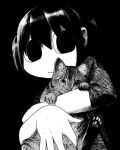  1girl animal animal_hug black_background black_eyes black_hair cat closed_mouth commentary crosshatching explosion_psycho from_side haguruma_hasami hair_between_eyes hatching_(texture) highres holding holding_animal holding_cat looking_at_viewer monochrome no_nose one_side_up original simple_background smile solo symbol-only_commentary upper_body 