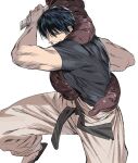  1boy belt black_belt black_hair black_shirt character_request copyright_request fushiguro_touji grin highres holding holding_weapon jujutsu_kaisen looking_at_viewer male_focus muscular muscular_male one_eye_closed pants pointy_nose shirt short_hair short_sleeves simple_background smile solo standing standing_on_one_leg urec weapon white_background white_pants 