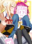  !? 2girls ahoge black_thighhighs blonde_hair blunt_bangs brown_cardigan cardigan closed_eyes closed_mouth collarbone collared_shirt commentary_request flower hair_flower hair_ornament heart holding holding_sketchbook kiss kissing_cheek long_sleeves love_live! love_live!_nijigasaki_high_school_idol_club miyashita_ai motion_lines multiple_girls neck_ribbon nijigasaki_academy_school_uniform pleated_skirt ponytail red_ribbon ribbon school_uniform shirt sidelocks sketchbook skirt sleeves_past_fingers sleeves_past_wrists sweat tennoji_rina tetetsu_(yuns4877) thigh-highs upper_body white_shirt white_skirt winter_uniform yellow_ribbon yuri 