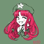  1girl beret blunt_bangs braid closed_eyes commentary dreamysuite green_background green_headwear hat hat_ornament hong_meiling portrait side_braids simple_background smile star_(symbol) star_hat_ornament touhou twin_braids 