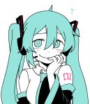  1girl bare_shoulders bbyong403 black_sleeves blue_eyes blue_hair blue_nails blue_necktie blush closed_mouth collared_shirt detached_sleeves dot_nose hair_between_eyes hair_ornament hand_on_own_cheek hand_on_own_face hatsune_miku headset long_sleeves looking_at_viewer microphone nail_polish necktie number_tattoo shirt sidelocks simple_background smirk solo tattoo twintails upper_body vocaloid white_background white_shirt 