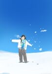  1girl :d black_hair blue_mittens blue_scarf blue_sky breath clear_sky closed_eyes facing_viewer grey_pants highres jacket landscape long_bangs long_hair long_sleeves mittens open_mouth original outdoors outstretched_arms pants scarf scenery sidelocks sky smile snow solo straight_hair wakame_(pixiv128625) white_jacket wide_shot wispy_bangs 