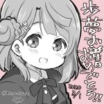  1girl birthday blush chibi commentary dated greyscale_with_colored_background hair_bun looking_at_viewer love_live! love_live!_nijigasaki_high_school_idol_club medium_hair mezashi_(mezamashi_set) multiple_hairpins pink_background signature single_side_bun smile solo translation_request twitter_username uehara_ayumu upper_body 