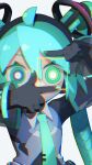  1girl absurdres ahoge android aqua_hair aqua_necktie cheri_zao detached_sleeves finger_frame green_eyes hatsune_miku highres necktie ringed_eyes robot_girl simple_background solo twintails upper_body vocaloid white_background 