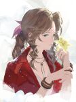  1girl aerith_gainsborough bangle bracelet braid braided_ponytail brown_hair choker closed_mouth cofffee dress final_fantasy final_fantasy_vii final_fantasy_vii_rebirth final_fantasy_vii_remake flower flower_choker green_eyes hair_ribbon holding holding_flower jacket jewelry lily_(flower) long_hair parted_bangs pink_dress pink_ribbon red_jacket ribbon sidelocks single_braid solo upper_body wavy_hair yellow_flower 