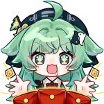  1girl ahoge animal_ears blue_headwear earrings fox_ears green_eyes green_hair hat hongbao honkai:_star_rail honkai_(series) huohuo_(honkai:_star_rail) jewelry long_hair open_mouth red_ribbon ribbon smile solo xu_baobao_jintian_tian_kengle_ma yin_yang_hair_ornament 