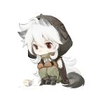  1boy ahoge animal_ears bird bone_necklace chibi full_body genshin_impact gloves green_pants highres long_hair nan777 orange_gloves pants razor_(genshin_impact) red_eyes scar scar_on_face solo squatting tail wolf_boy wolf_ears wolf_tail 