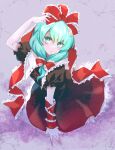  1girl aqua_eyes aqua_hair arm_ribbon bow dress frilled_bow frilled_dress frilled_ribbon frilled_sleeves frills front_ponytail gradient_dress hair_bow hair_ribbon hand_on_own_head highres kagiyama_hina looking_up puffy_short_sleeves puffy_sleeves red_bow red_ribbon ribbon short_sleeves solo torino_sasami touhou 